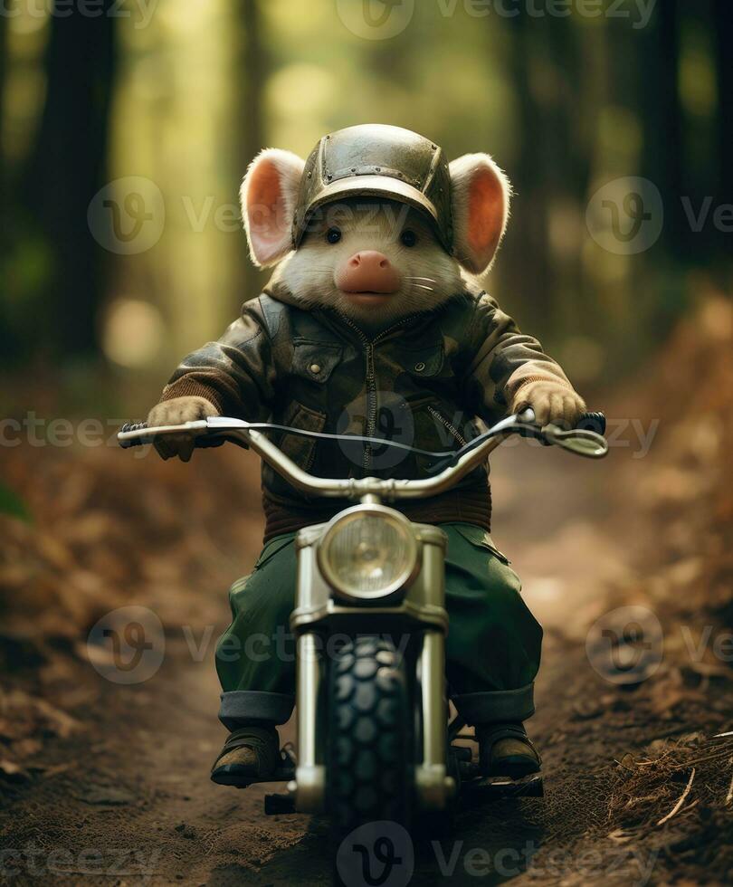 a cute pig on a minibike riding through a forest photo