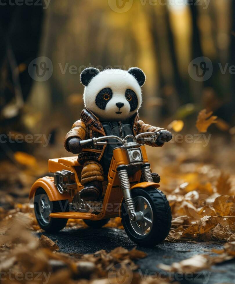 a cute panda on a minibike riding through a forest photo