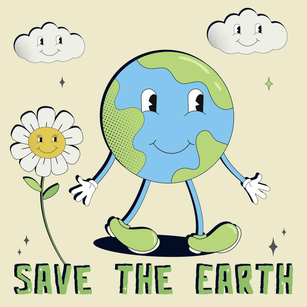 Retro groovy cartoon style earth planet.Earth Day.70s. Save the Earth. Cartoon cute earth planet character. Concept of World Environment Day in retro style. World Environment Day vector