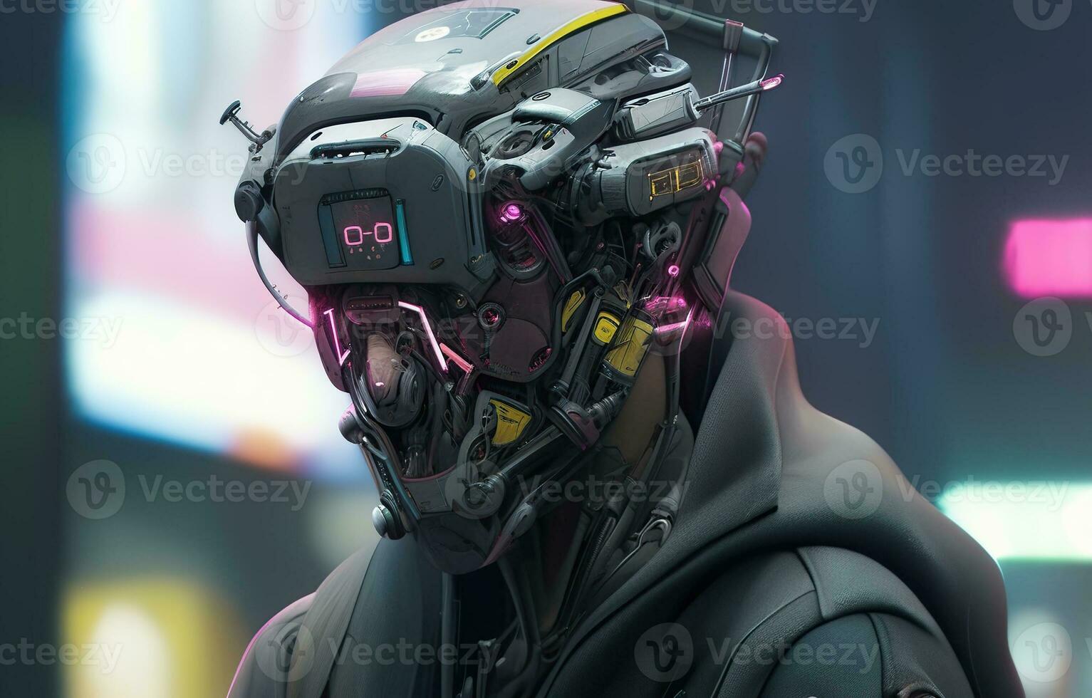 Cyberpunk Man portrait futuristic neon style wear a robotic headset photo