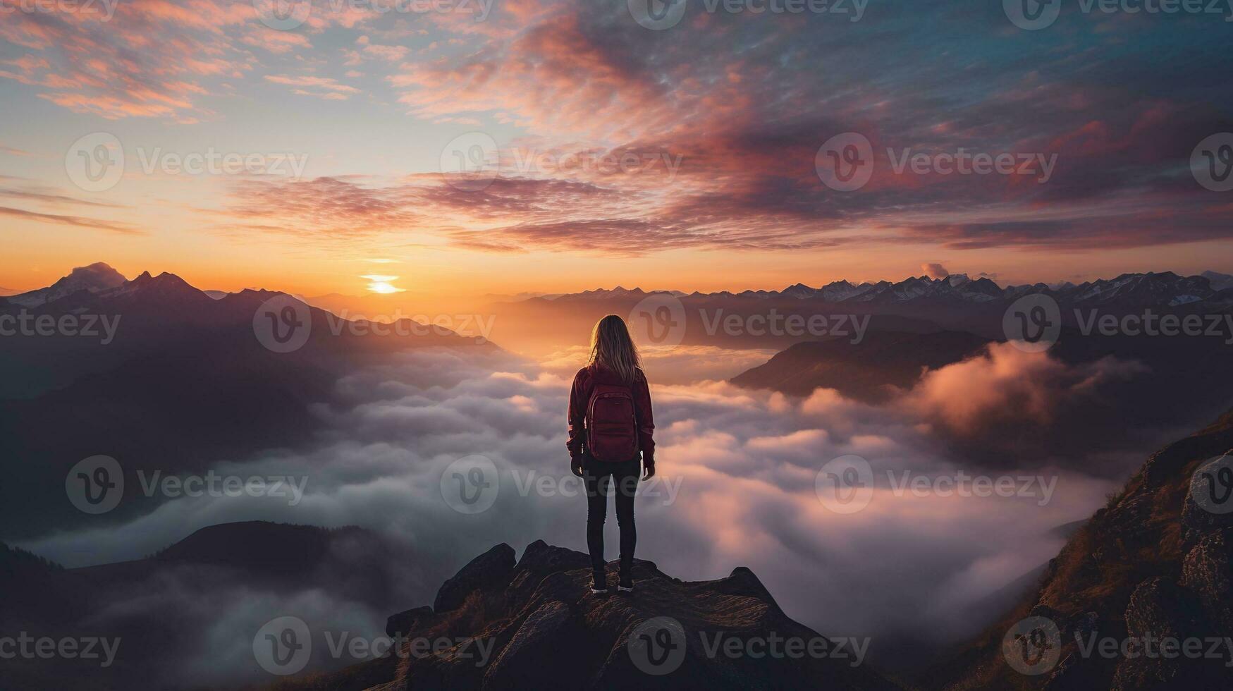 a woman on top of a mountain peak with view of clouds and sunrise photo