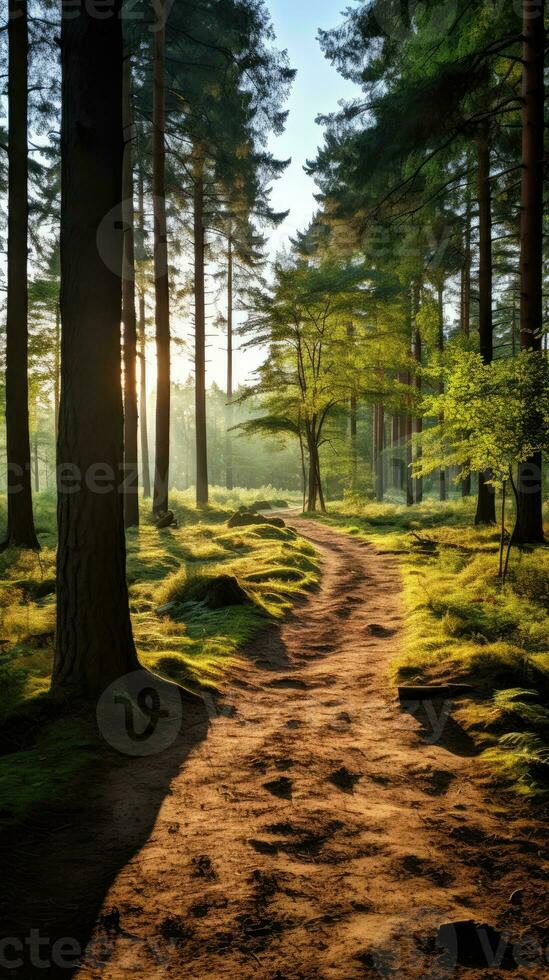 A forest with trees and a path in the morning with the sun shining on the street photo