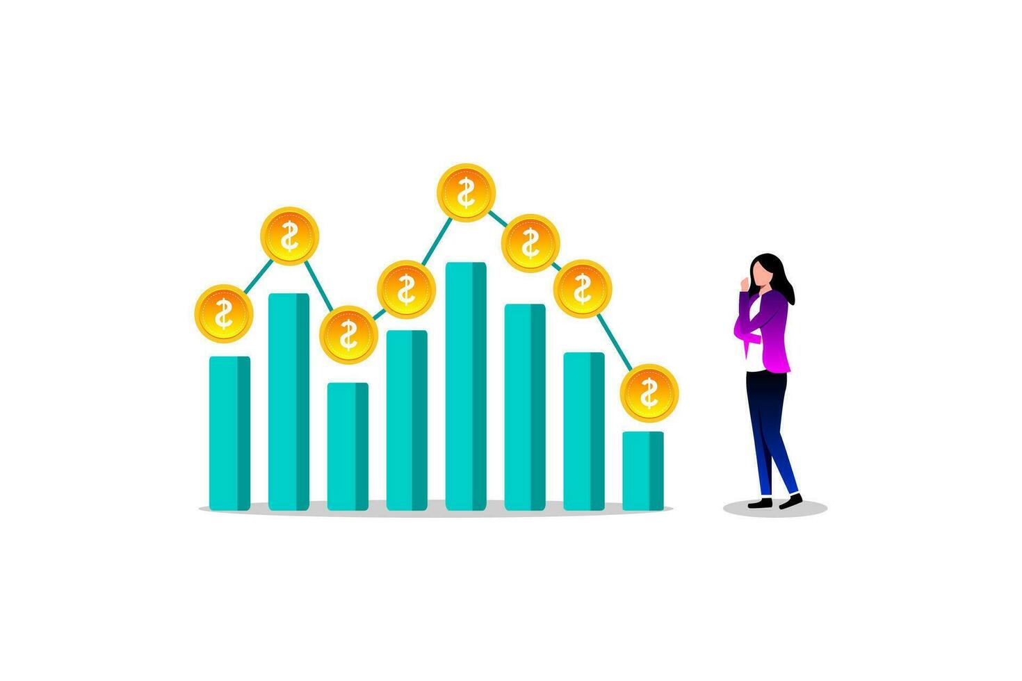 ingresos degradar, ingresos o inversión ganancia, creciente ingresos o poder, abajo crecimiento gráfico diagrama o ahorros y inversión regreso concepto vector