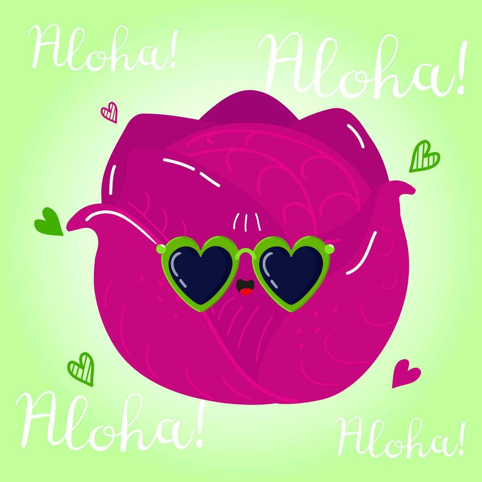 Cute funny Red cabbage character. Vector hand drawn cartoon kawaii character illustration icon. Isolated on green background. Red cabbage character concept. Aloha card