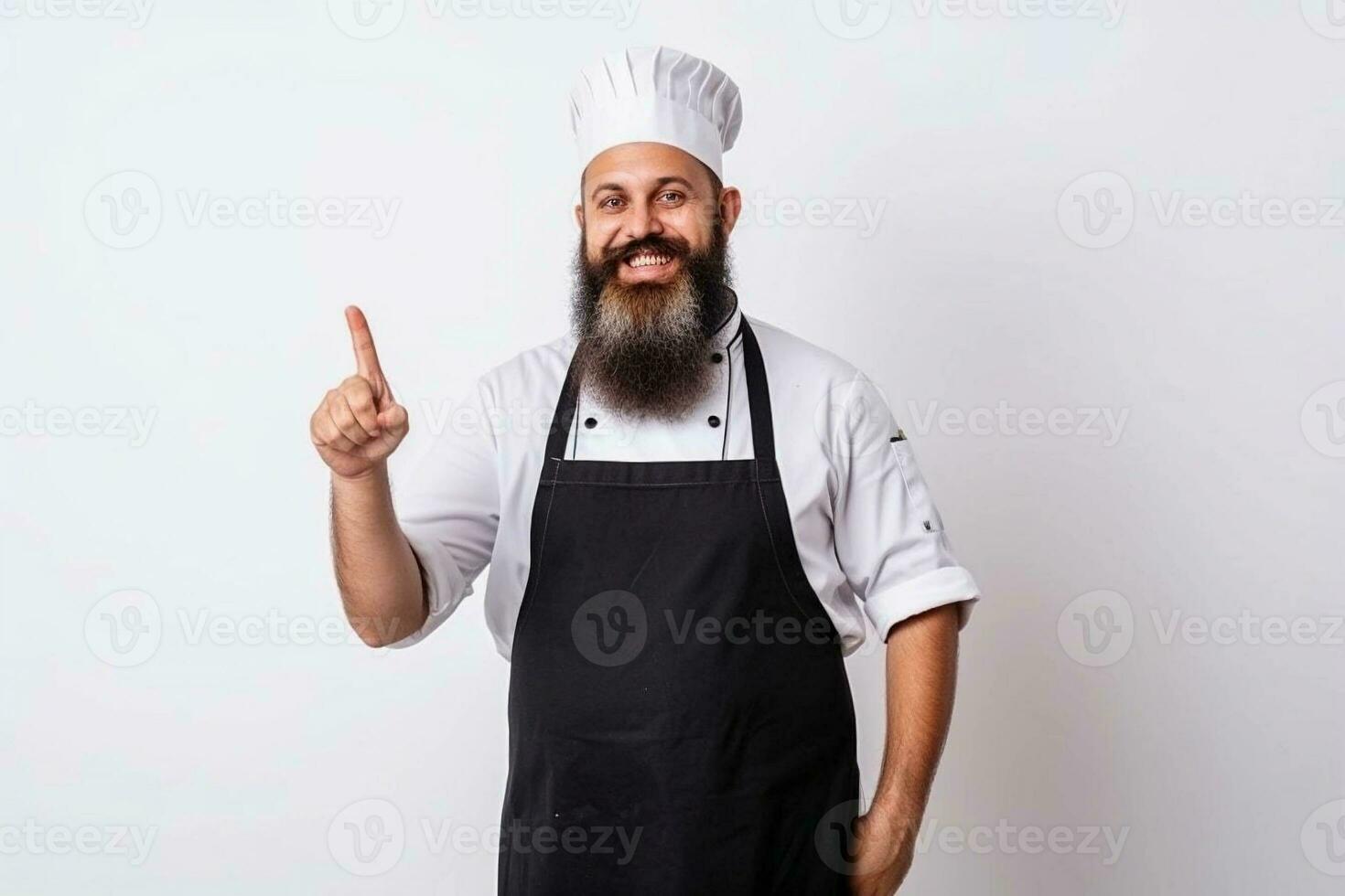 un hombre cocinero con un barba y Bigote en un blanco uniforme saluda clientes. blanco antecedentes. foto