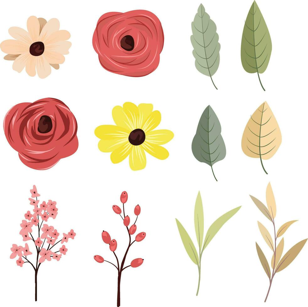 colección de mano dibujado floral elementos. exótico bosque hojas, flores y plantas vector