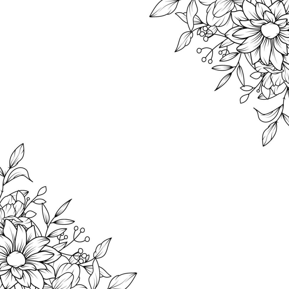 border with flower sketches, hand drawn black and white flowers vector