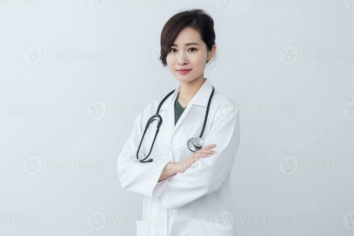 Portrait of a beautiful young girl doctor in a white coat. She looks friendly and smiles. White background. photo