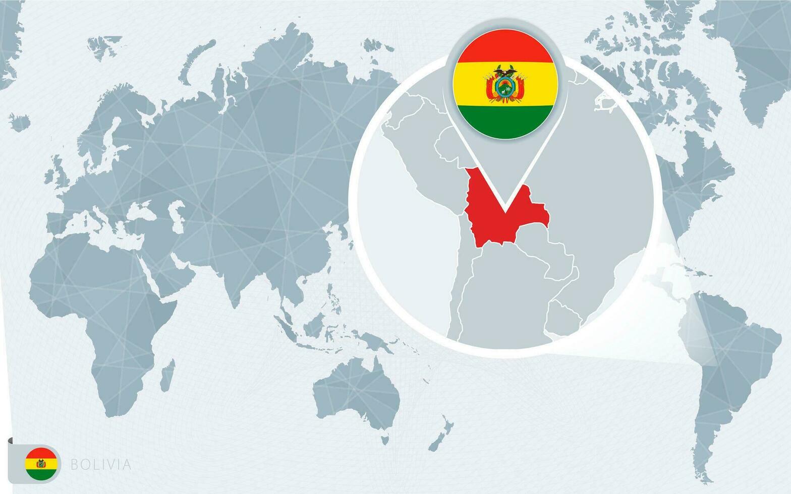 Pacific Centered World map with magnified Bolivia. Flag and map of Bolivia. vector