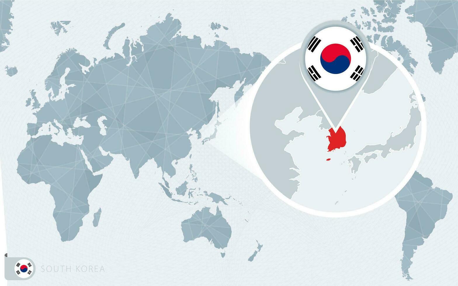 Pacific Centered World map with magnified South Korea. Flag and map of South Korea. vector