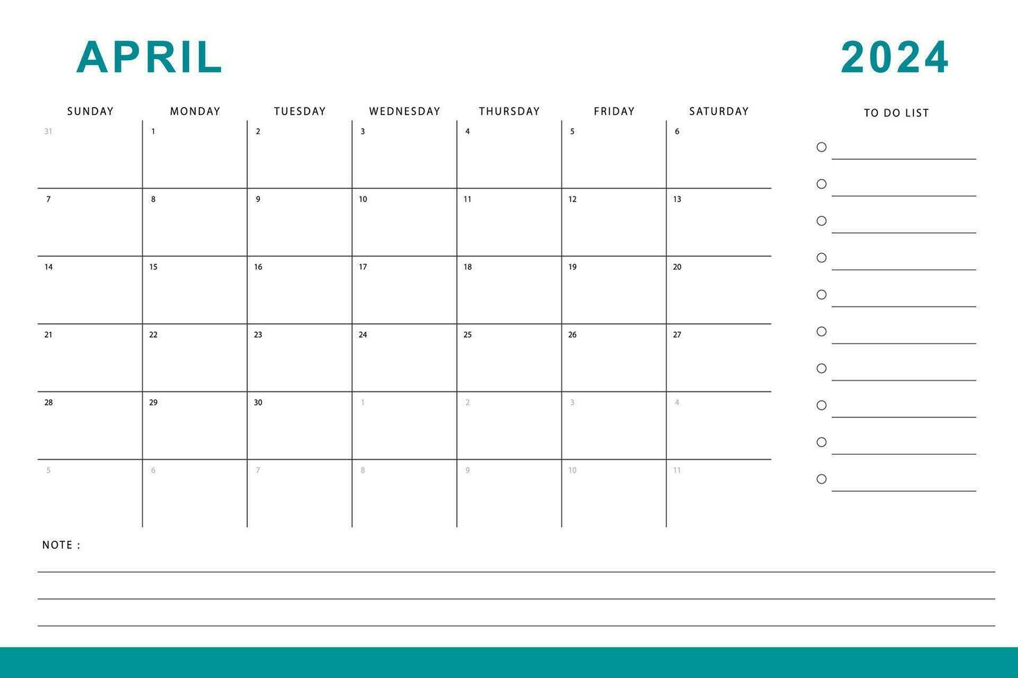 April 2024 calendar. Monthly planner template. Sunday start. Vector design