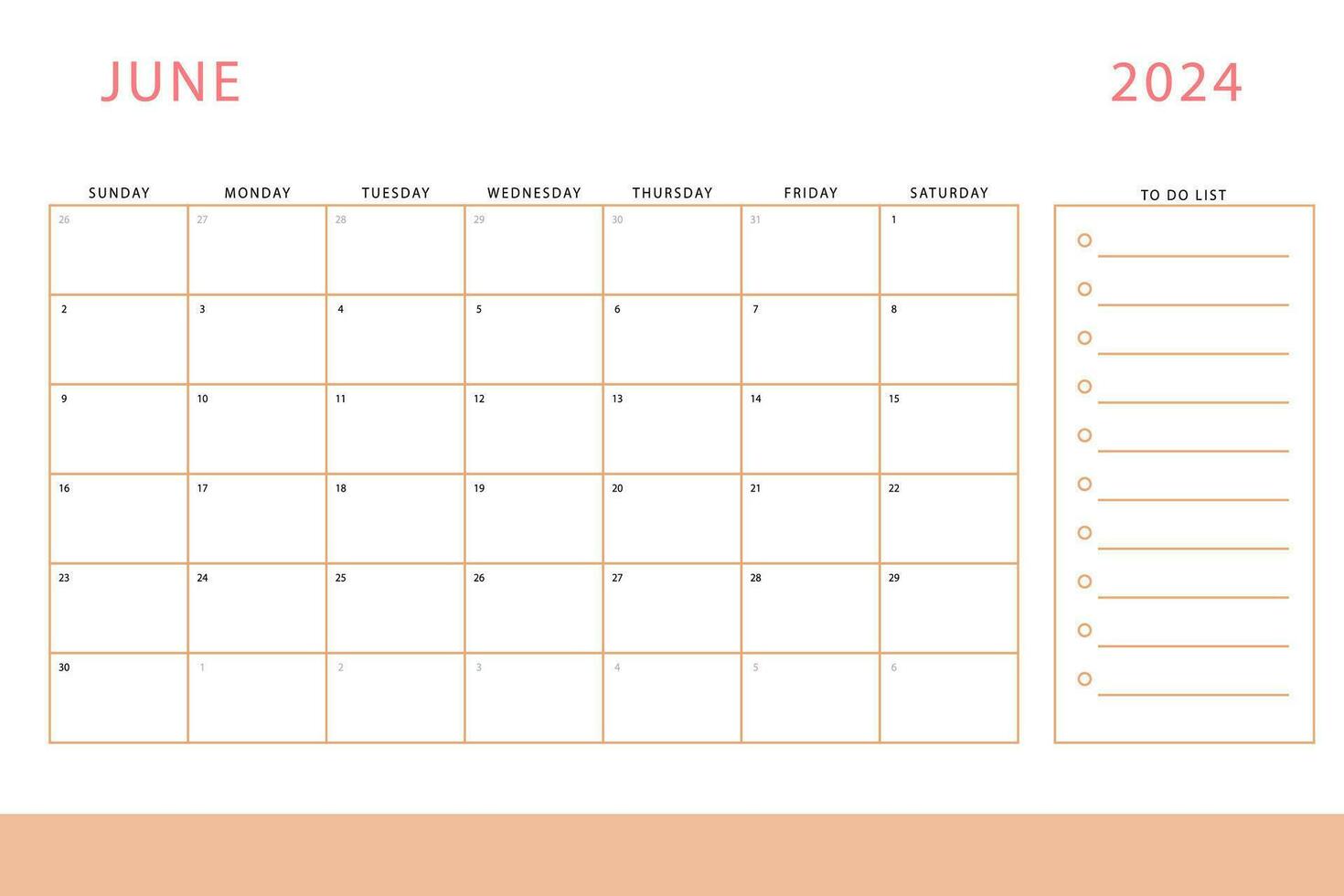 June 2024 calendar. Monthly planner template. Sunday start. Vector design