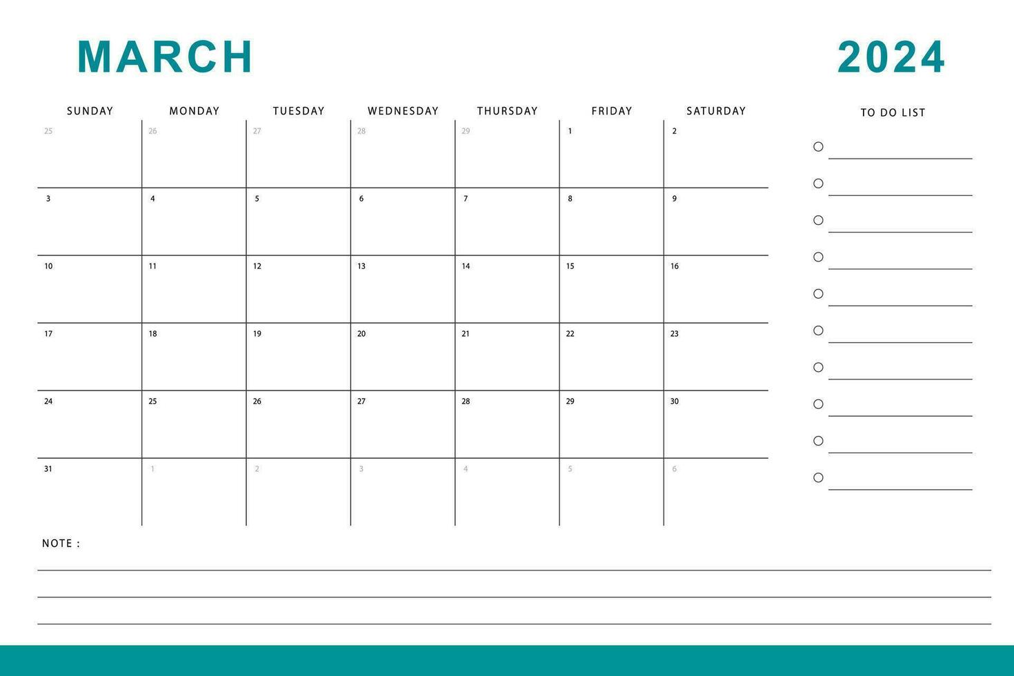 March 2024 calendar. Monthly planner template. Sunday start. Vector design