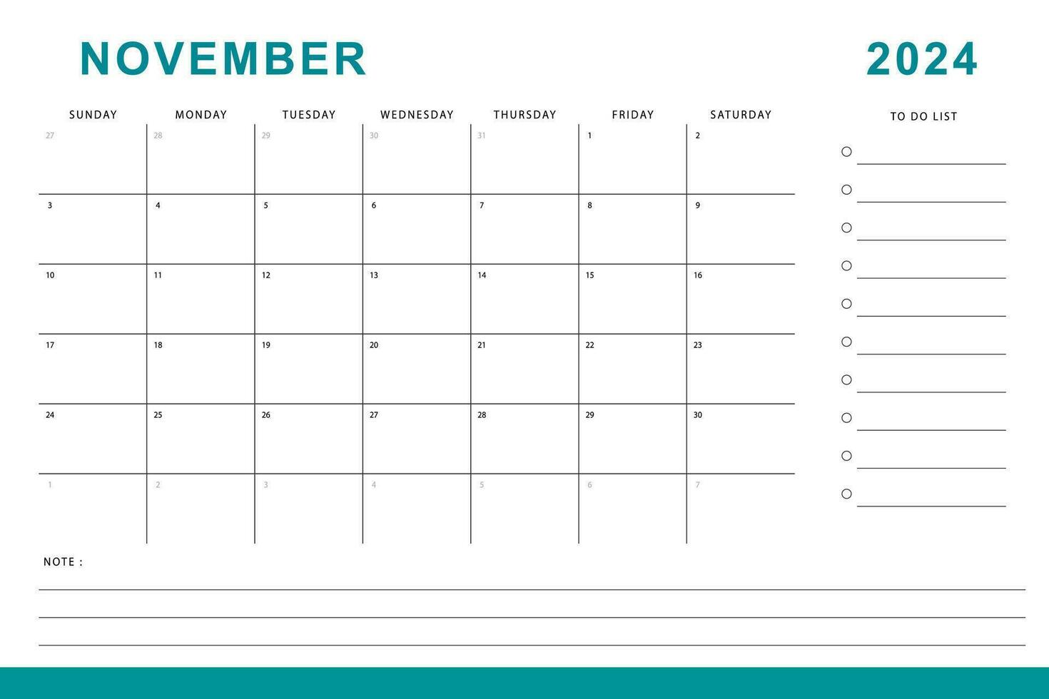 November 2024 calendar. Monthly planner template. Sunday start. Vector design