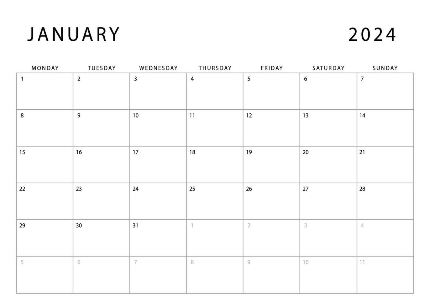 January 2024 calendar. Monday start. Monthly planner template. Vector design