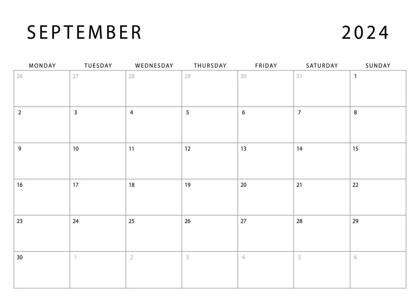 September 2024 calendar. Monday start. Monthly planner template. Vector