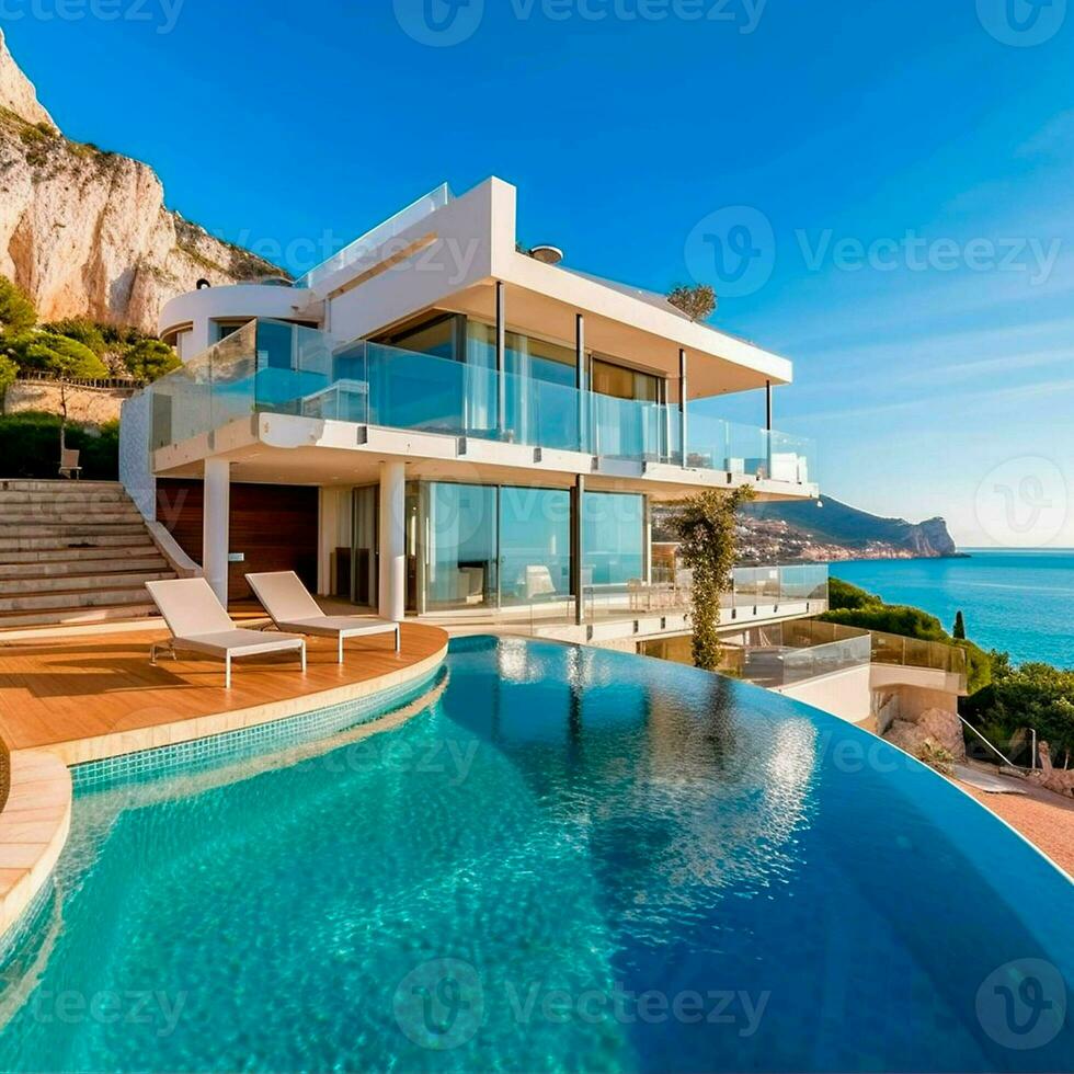 3D rendering of a luxurious modern white villa with pool. generative ai photo