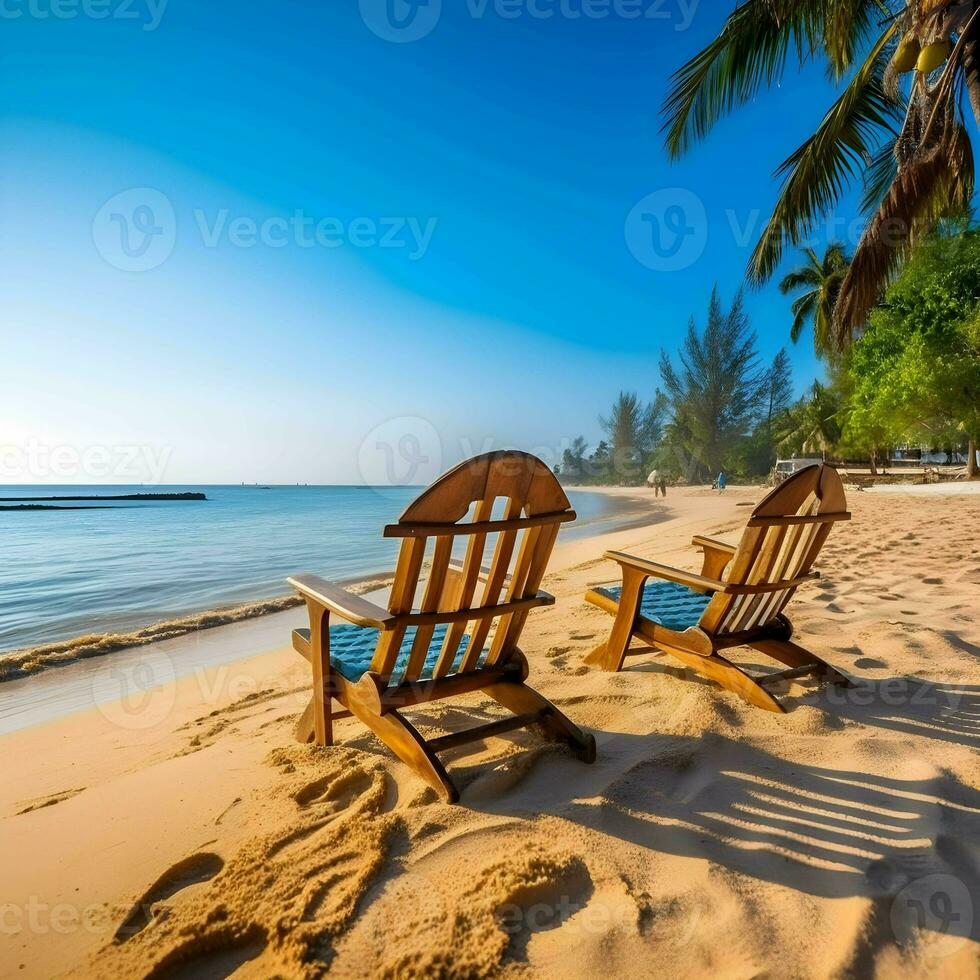 Relax chair Empty sea wave sand sun tropical beach background. Generative Ai. photo