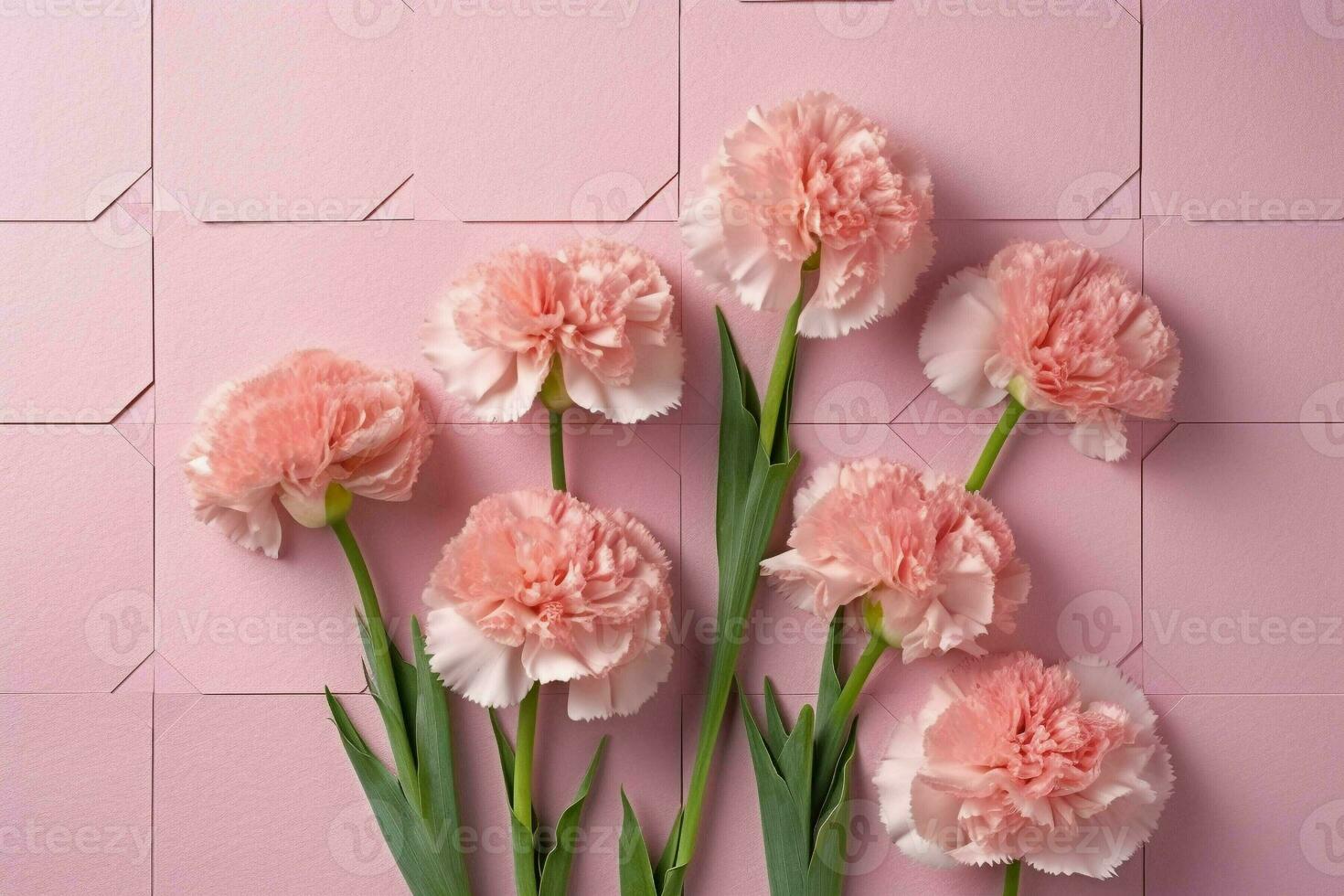 pink flowers in flatlay on pink background with copy space, top view. generative ai. photo