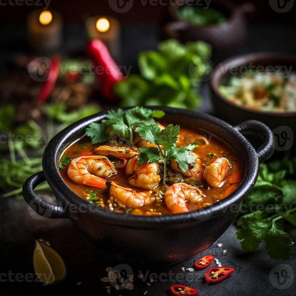 Tom Yam Kung ,Prawn and lemon soup with mushrooms, thai food in bowl. . photo