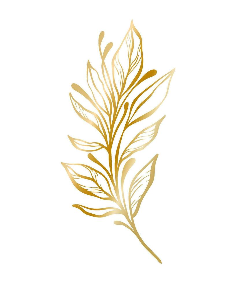 Botanical golden illustration of a leaves branch for wedding invitation and cards, logo design, web, social media and posters template. Elegant minimal style floral vector isolated