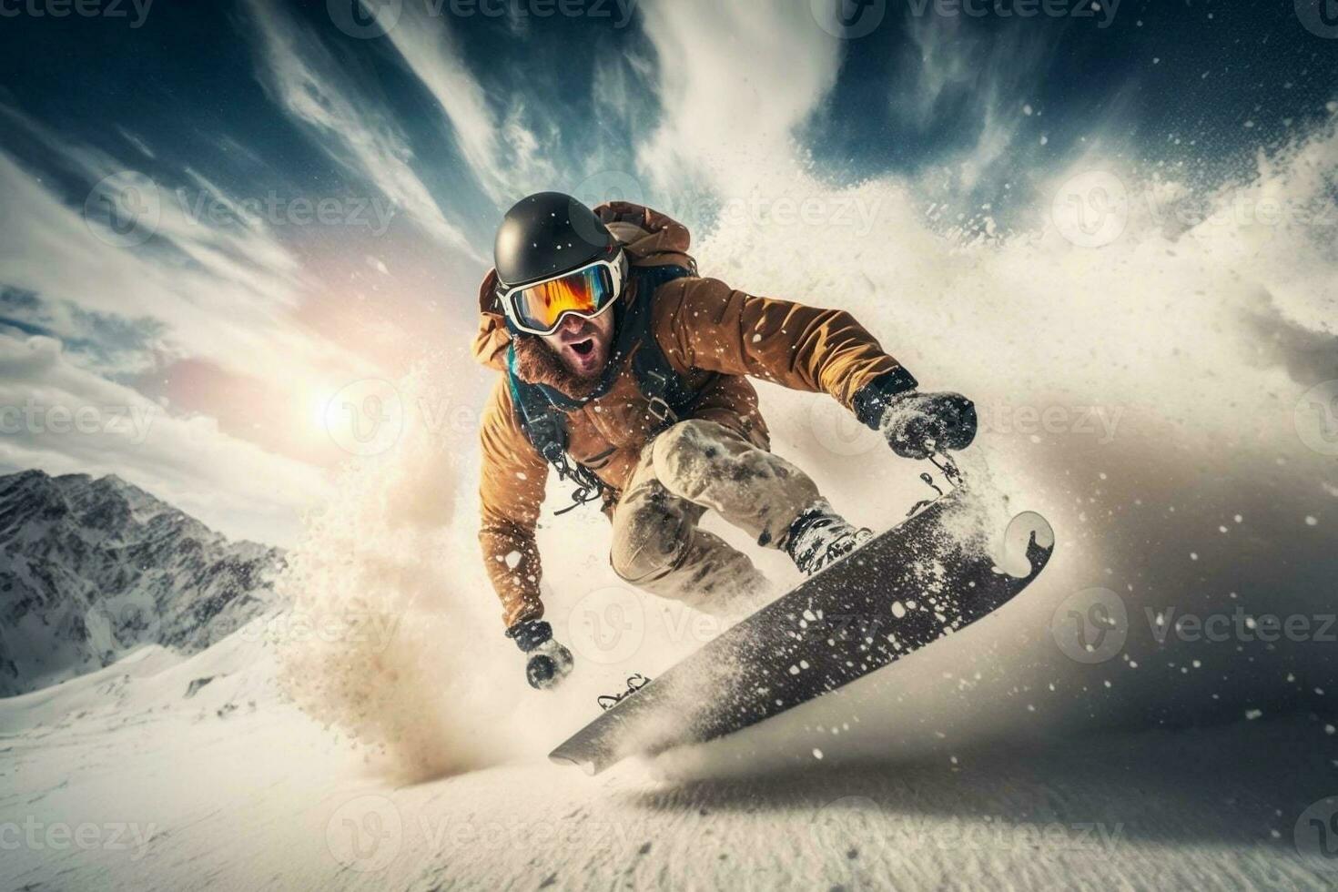 un joven hombre en un tabla de snowboard se apresura a genial velocidad desde un Nevado montaña. extremo deporte. Vamos Pro amplio ángulo disparo. foto