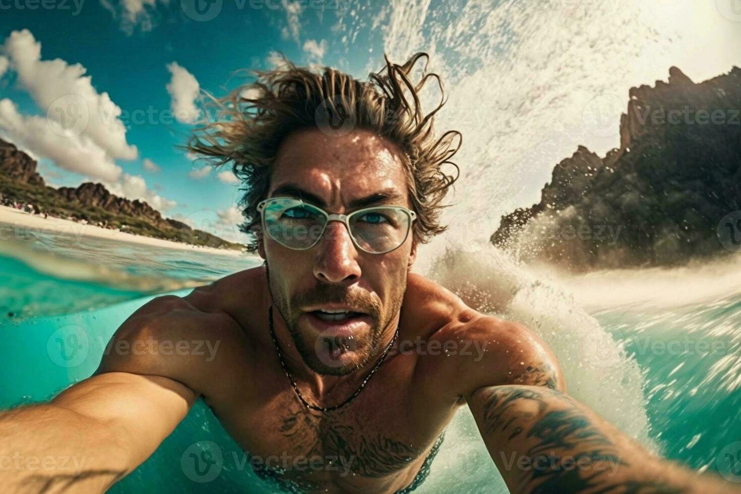 Man surfer in the water in motion, he is overwhelmed with emotions. Extreme sport. Go pro wide angle shot photo