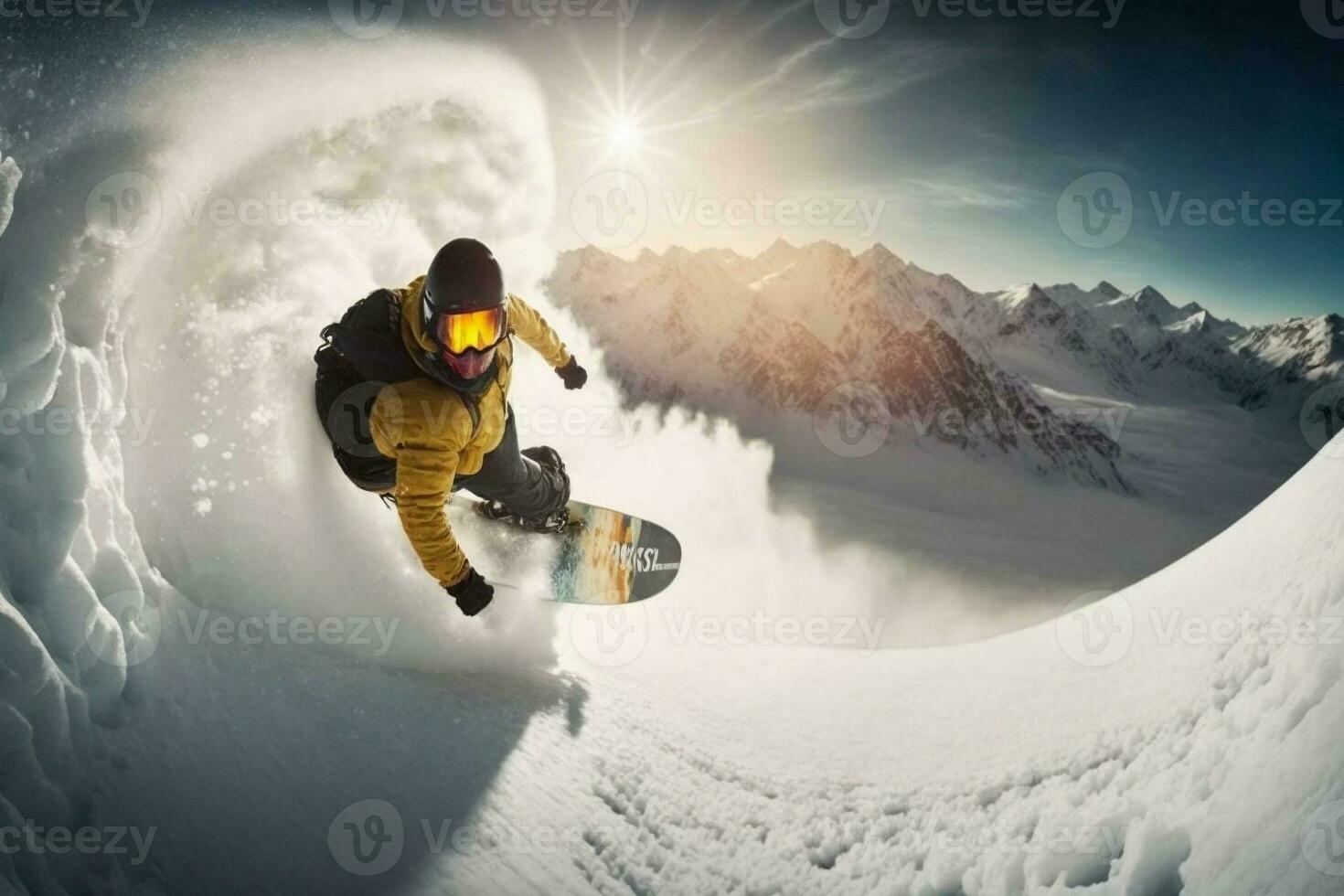 A young man on a snowboard rushes at great speed from a snowy mountain. Extreme sport. Go pro wide angle shot. photo