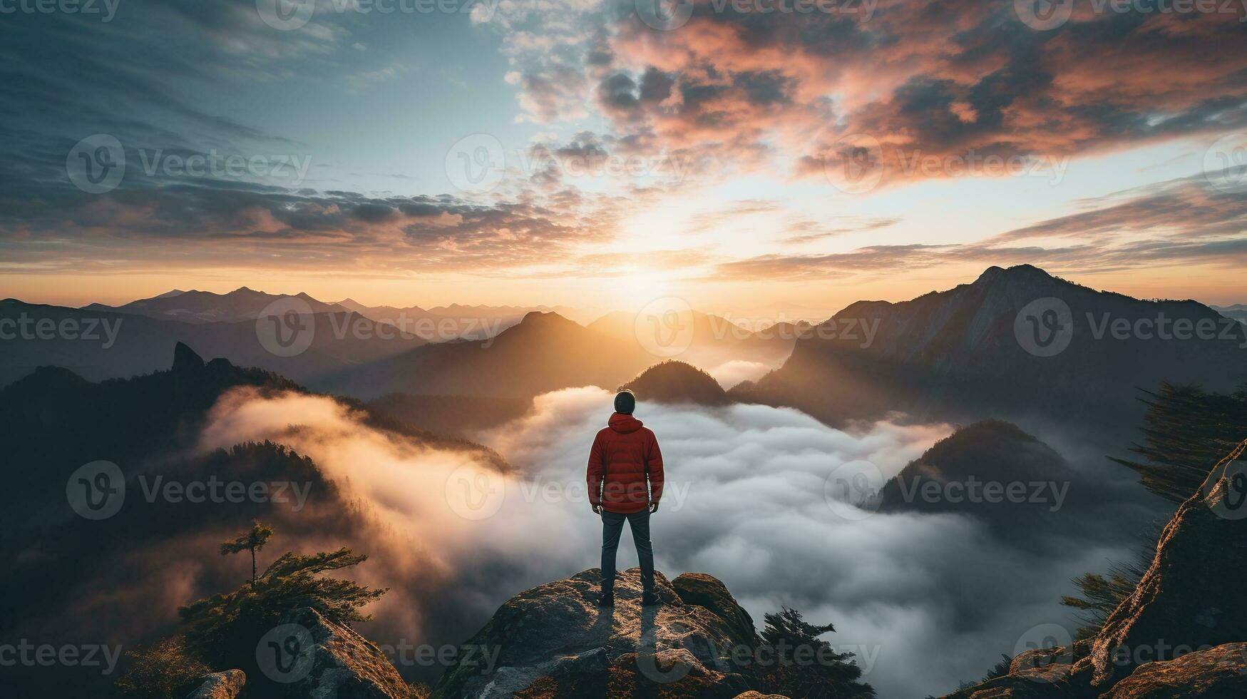 a man on top of a mountain peak with view of clouds and sunrise photo