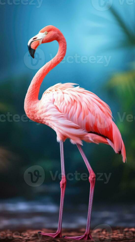 Exotic pink flamingo bird closeup photo