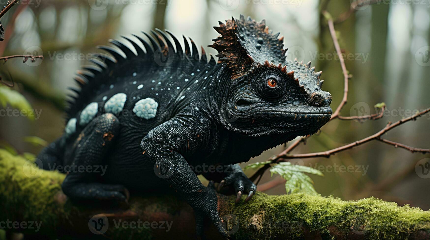 A unique colorful chameleon sits on a branch in a forest photo