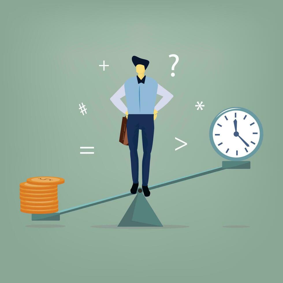 Time value of money. businessmen standing on scales.  measurement, time is money. vector