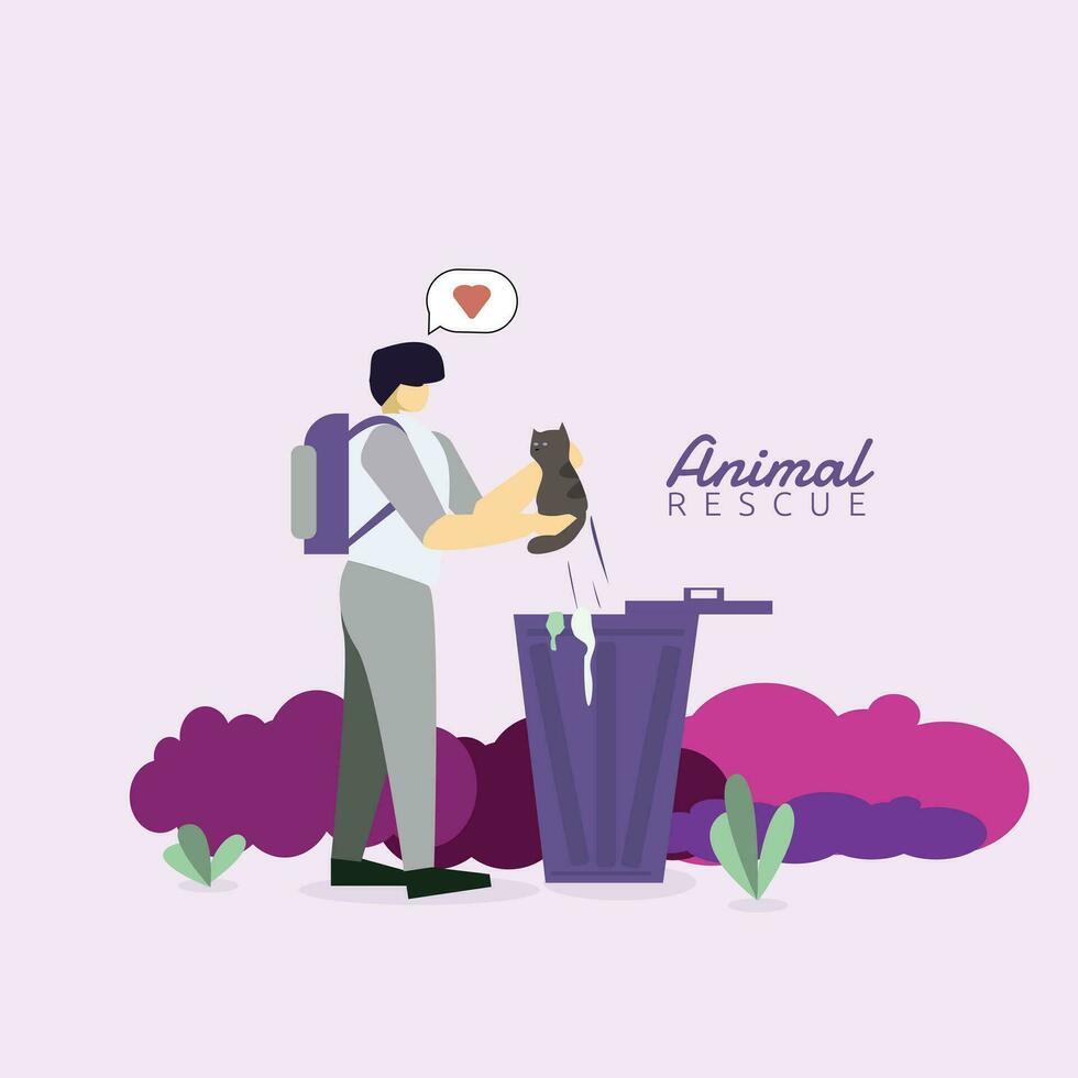 Guy doing rescue to kitten on trash can. animal lover design concept vector