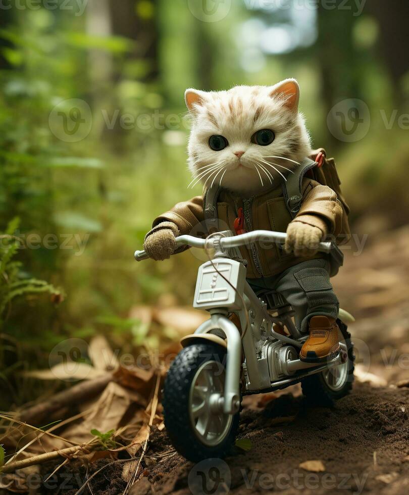 a toy cute cat on a minibike riding through a forest photo