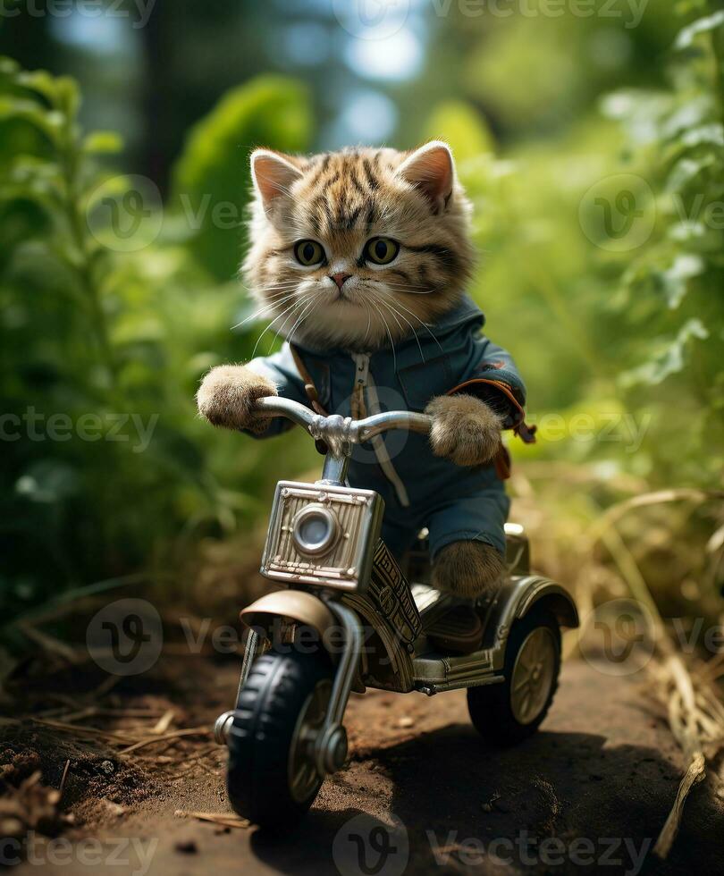 a toy cute cat on a minibike riding through a forest photo