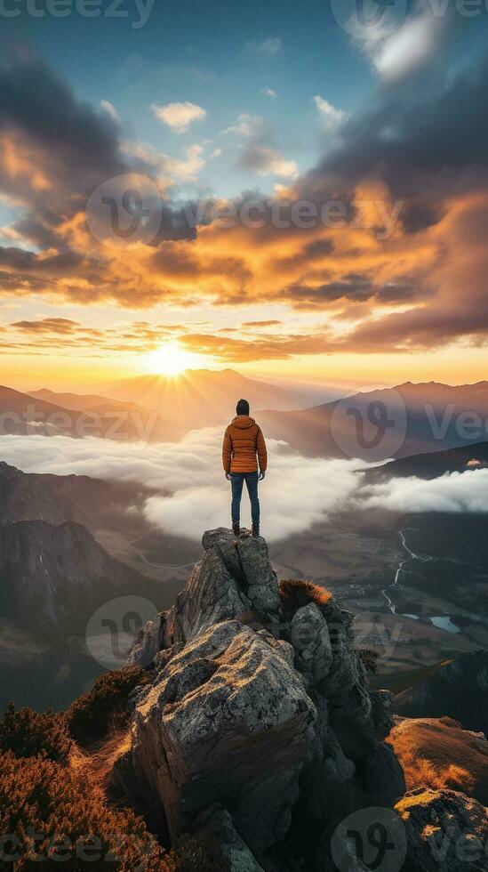 a man on top of a mountain peak with view of clouds and sunrise photo
