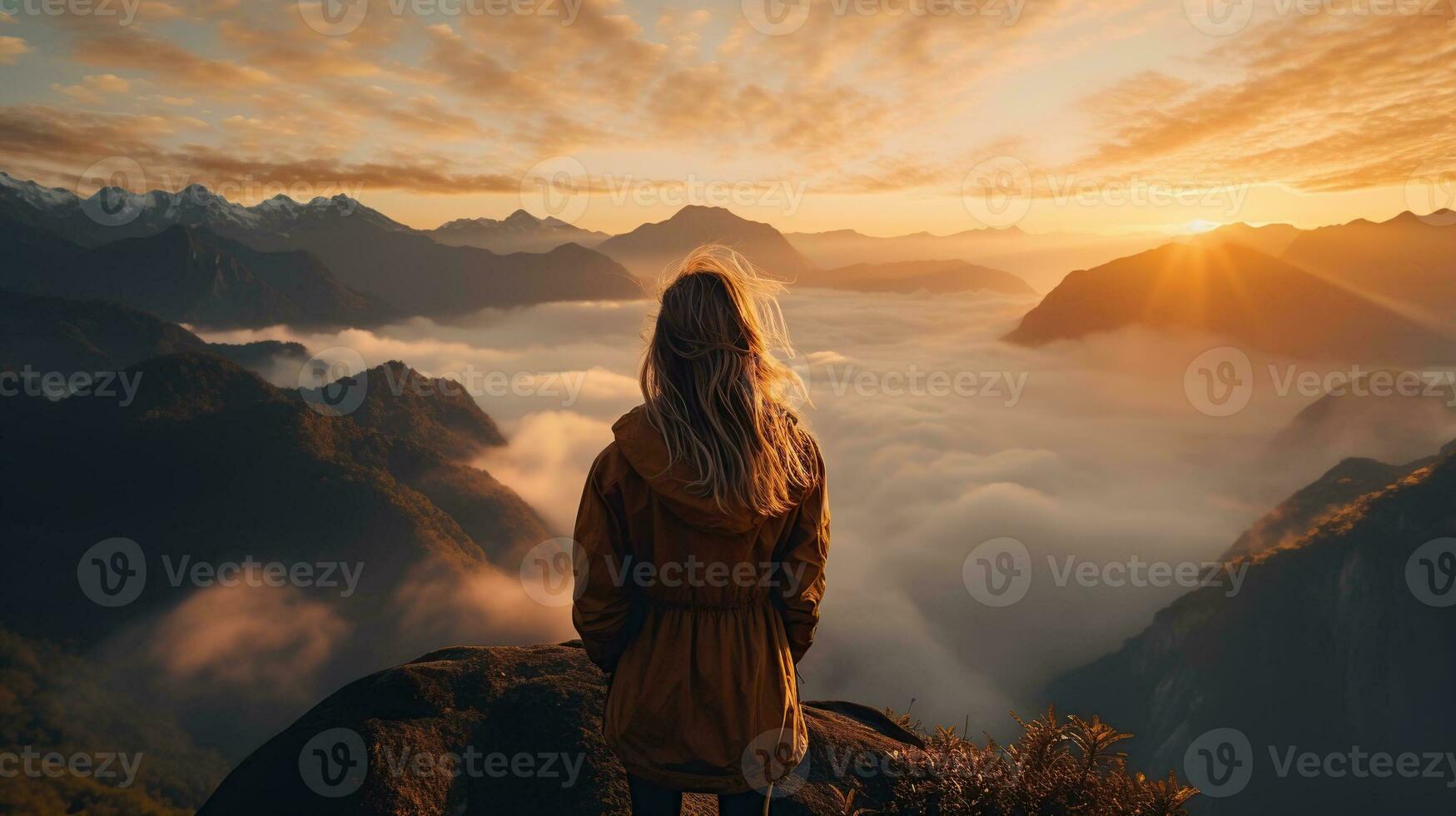 a woman on top of a mountain peak with view of clouds and sunrise photo