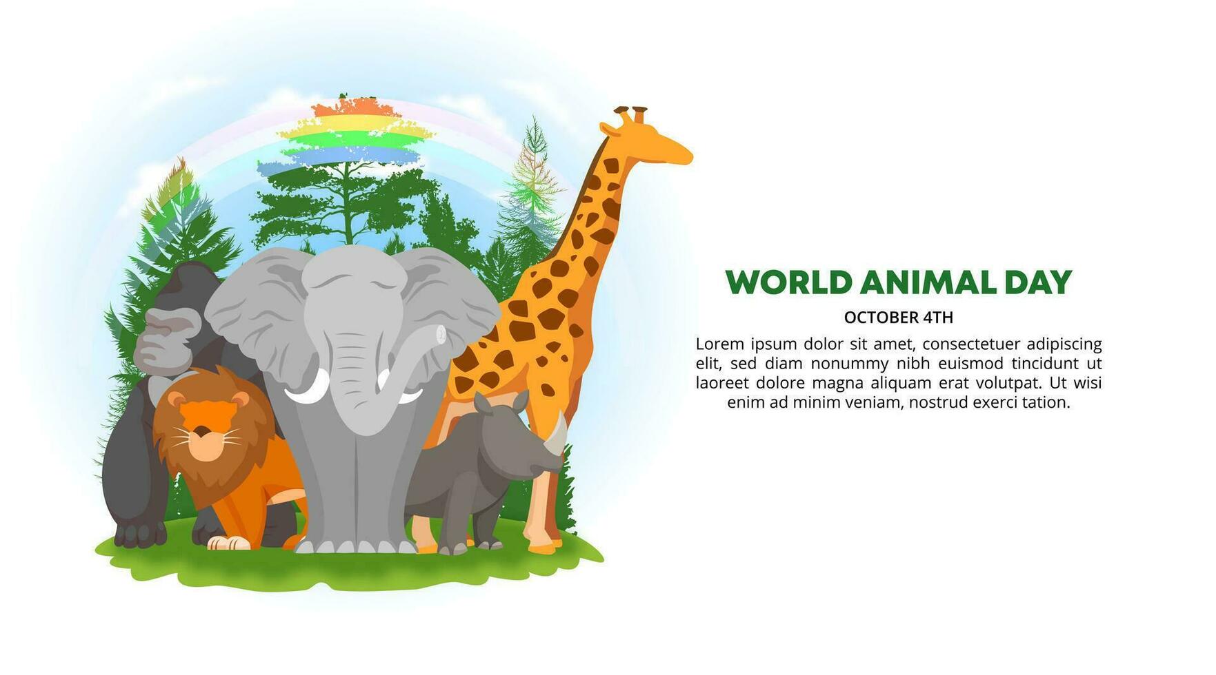 World Animal Day background with animals and a forest with rainbow vector