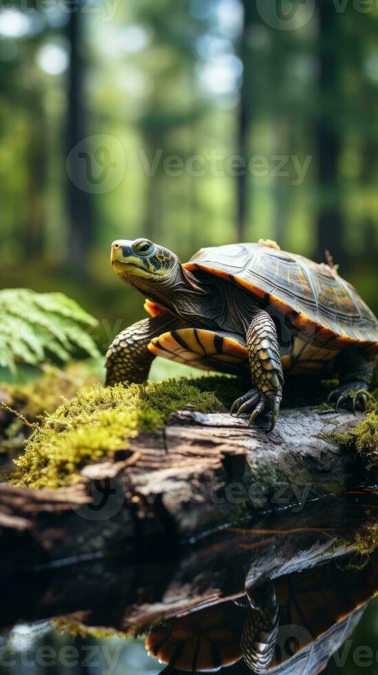 Wildlife turtle on top of a log with forest background photo