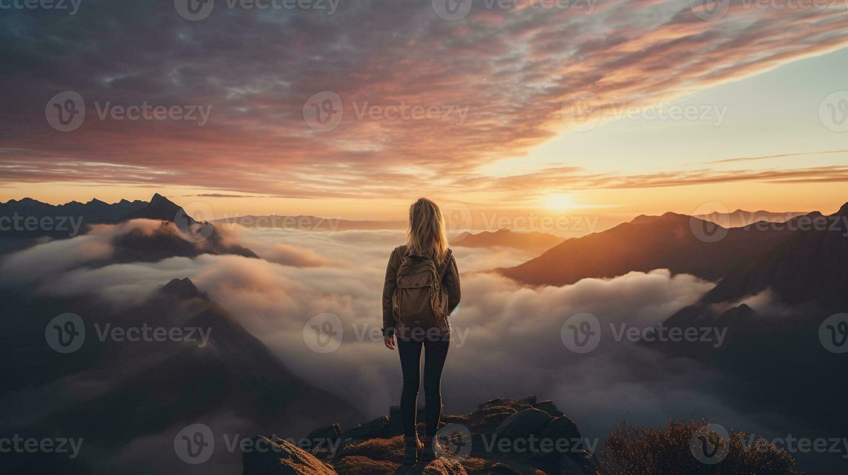 a woman on top of a mountain peak with view of clouds and sunrise photo