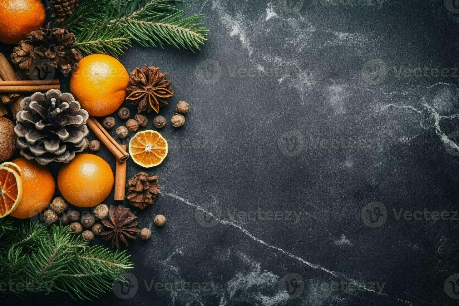 Christmas tree with cones, Christmas decorations on a dark background.  copy space top view. generative ai. photo