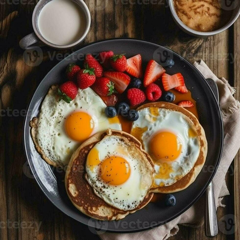 Healthy breakfast set on table. The concept of delicious and healthy food. generative ai. photo