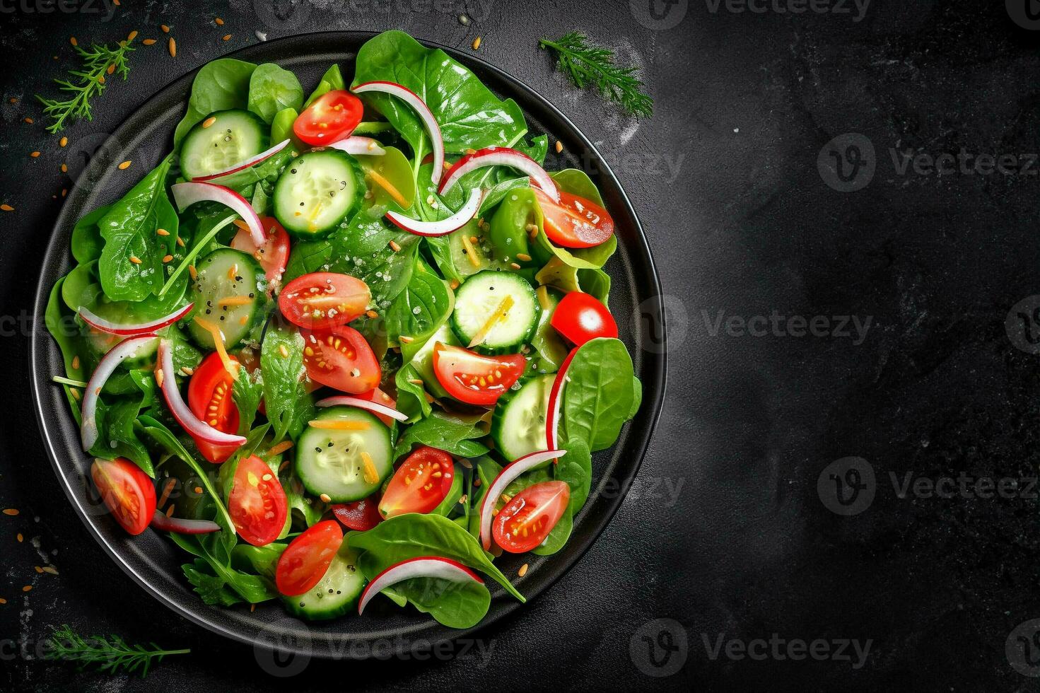 Healthy green salad with fresh tomato, cucumber, red onion and lettuce in bowl on dark stone background. Top view. generative ai. photo