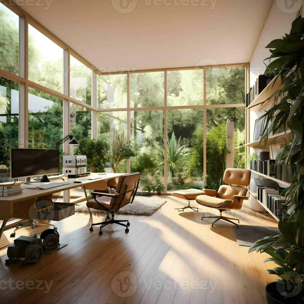 office 3d rendering image.large windows look out to see the nature with generative Ai. photo