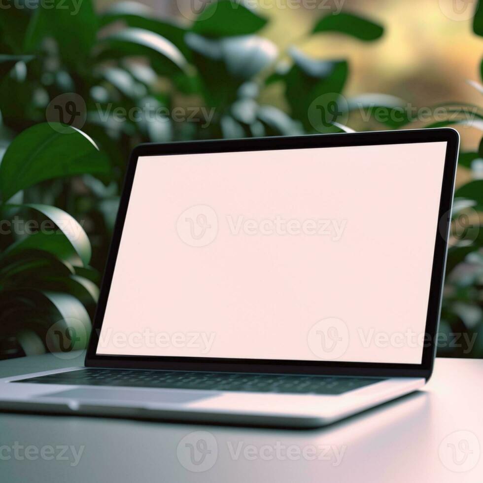 Laptop with a white blank screen laying on a table in the garden.generative ai. photo