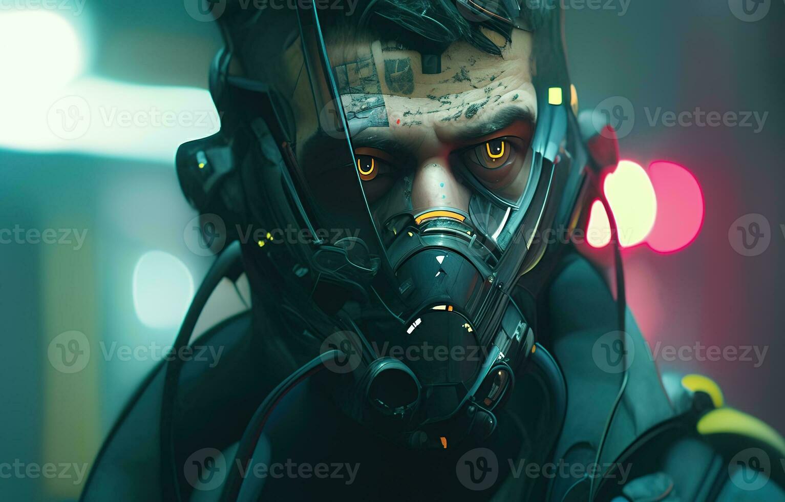 Cyberpunk Man portrait futuristic neon style wear a robotic headset photo