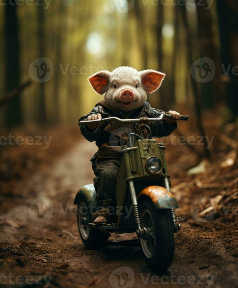 a cute pig on a minibike riding through a forest photo