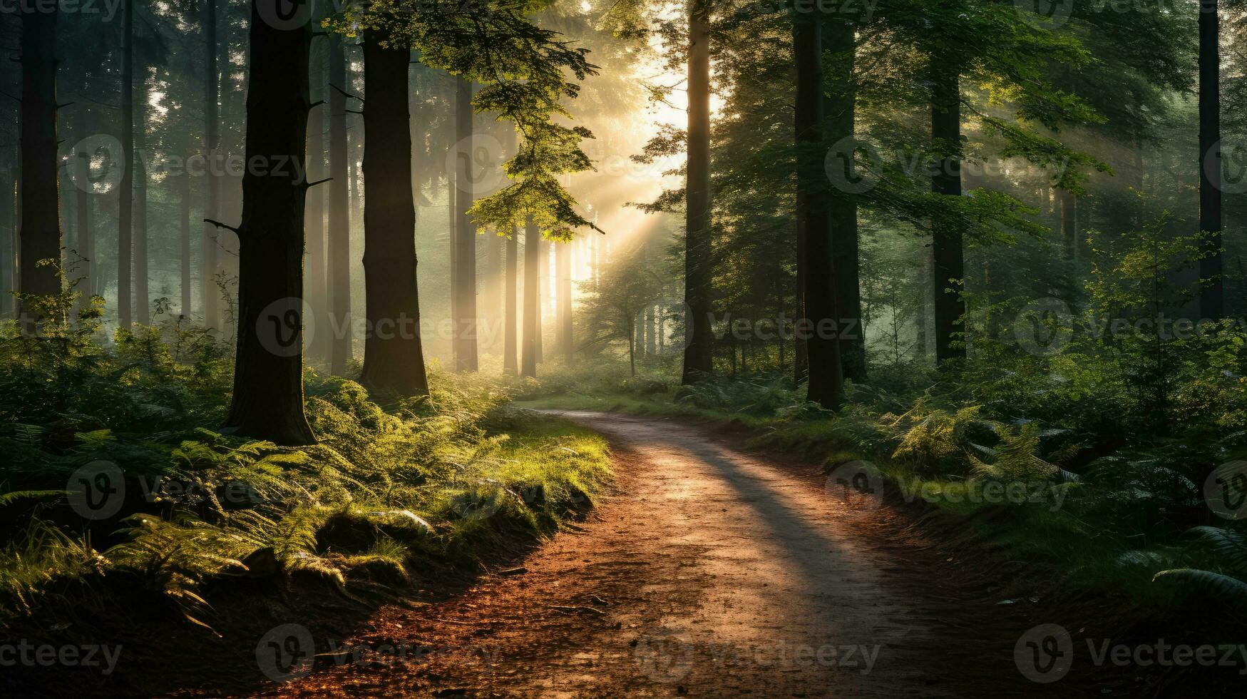 A forest with trees and a path in the morning with the sun shining on the street photo
