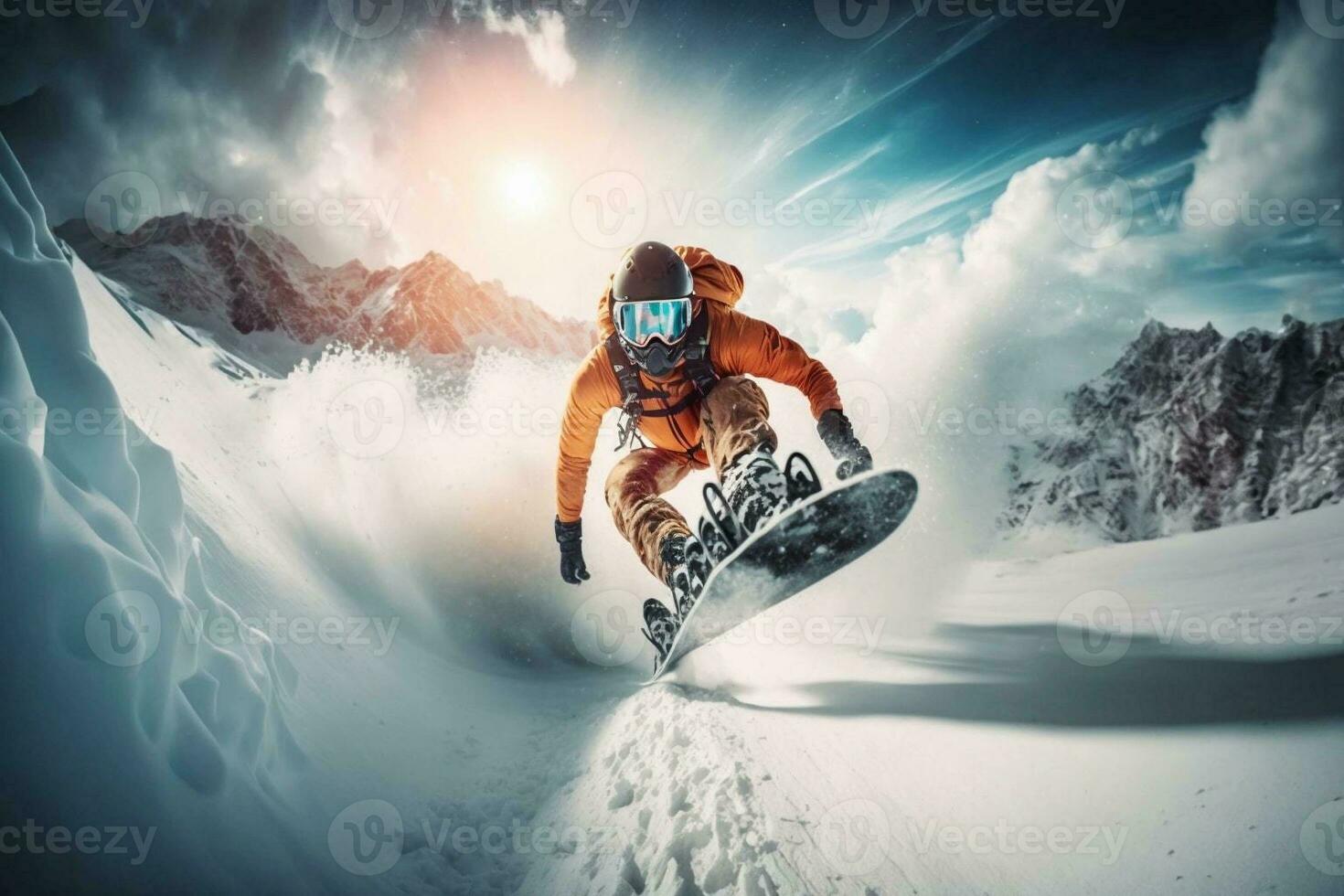 un joven hombre en un tabla de snowboard se apresura a genial velocidad desde un Nevado montaña. extremo deporte. Vamos Pro amplio ángulo disparo. foto