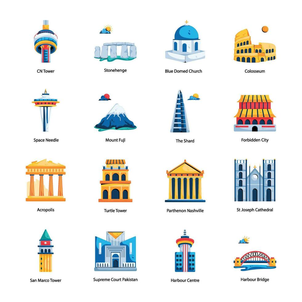 Bundle of Famous Landmarks Flat Icons vector